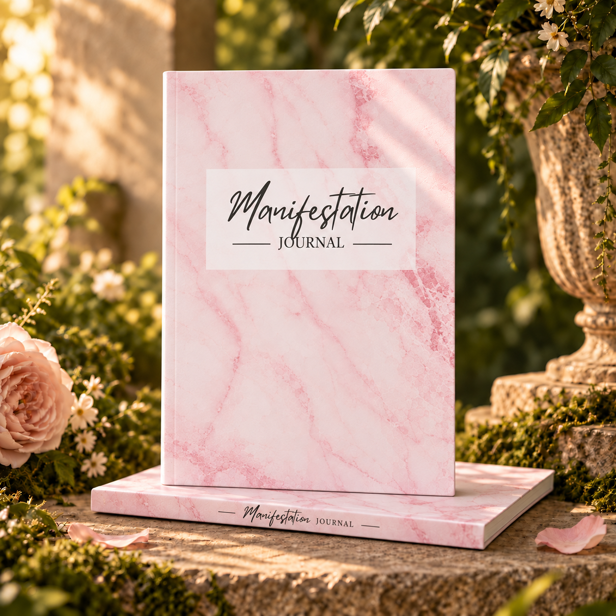 Pink marble Manifestation Journal displayed in a sunlit garden among roses