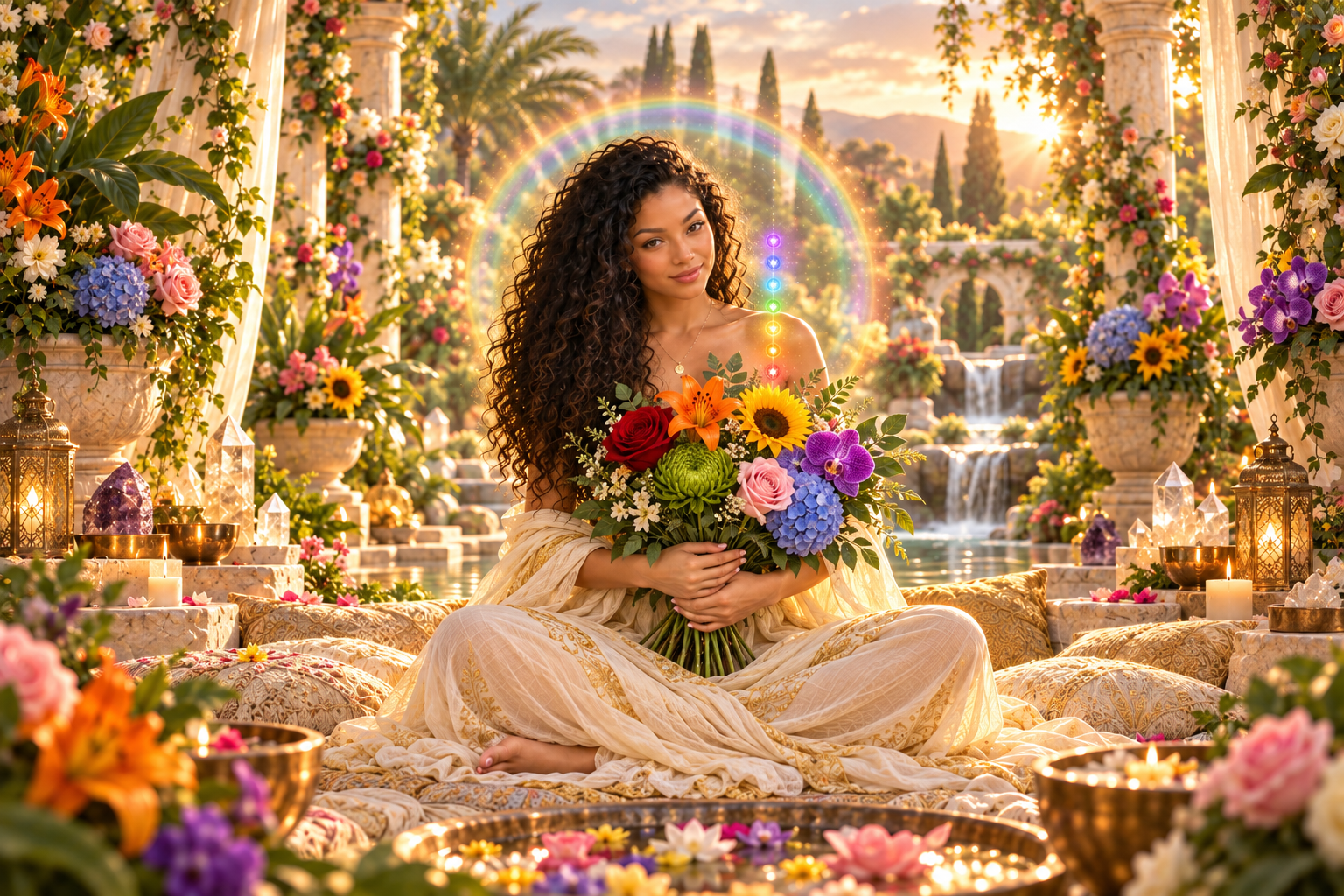 Aria seated in a lush flower garden with chakra energy, rainbow aura, crystals and blooming flowers