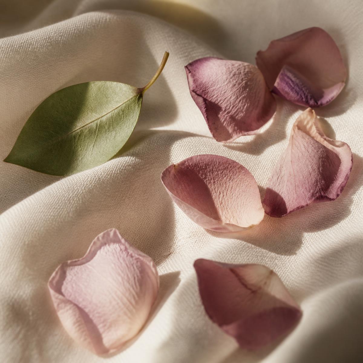 Soft rose and mauve petals resting on cream linen in warm daylight