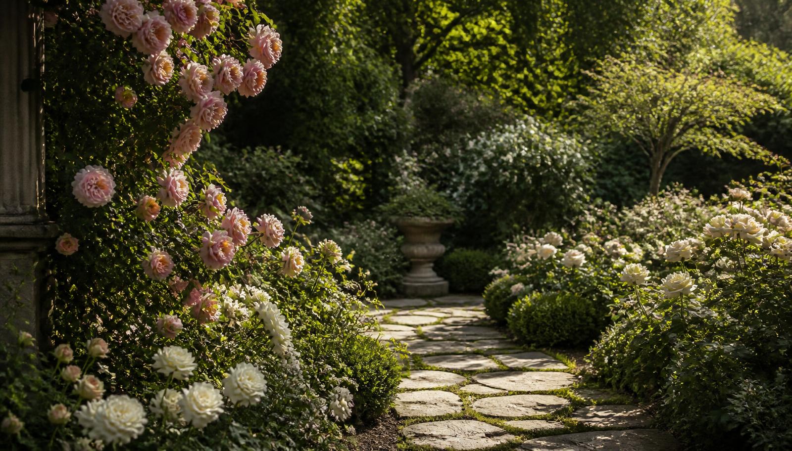 Stone garden path curving through roses and clipped hedges in warm light