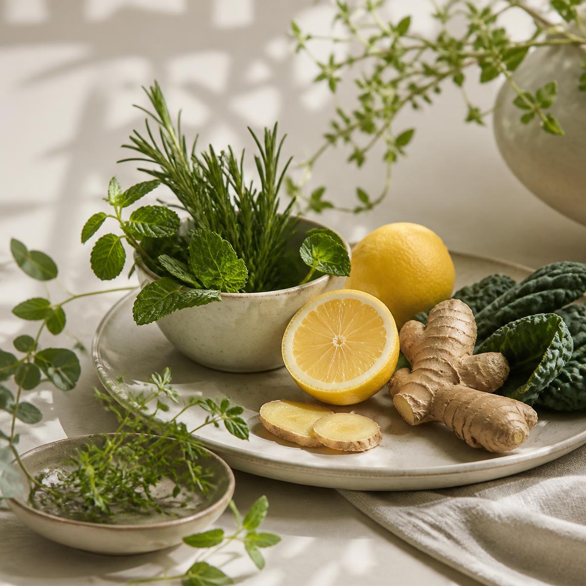 Fresh herbs, lemon, ginger and greens on cream ceramic in daylight