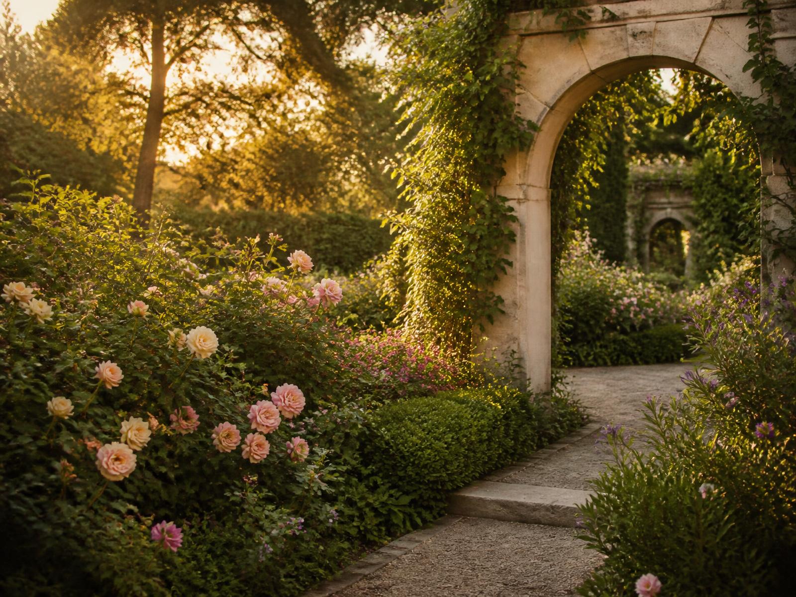 Sunlit garden path lined with roses and deep green foliage